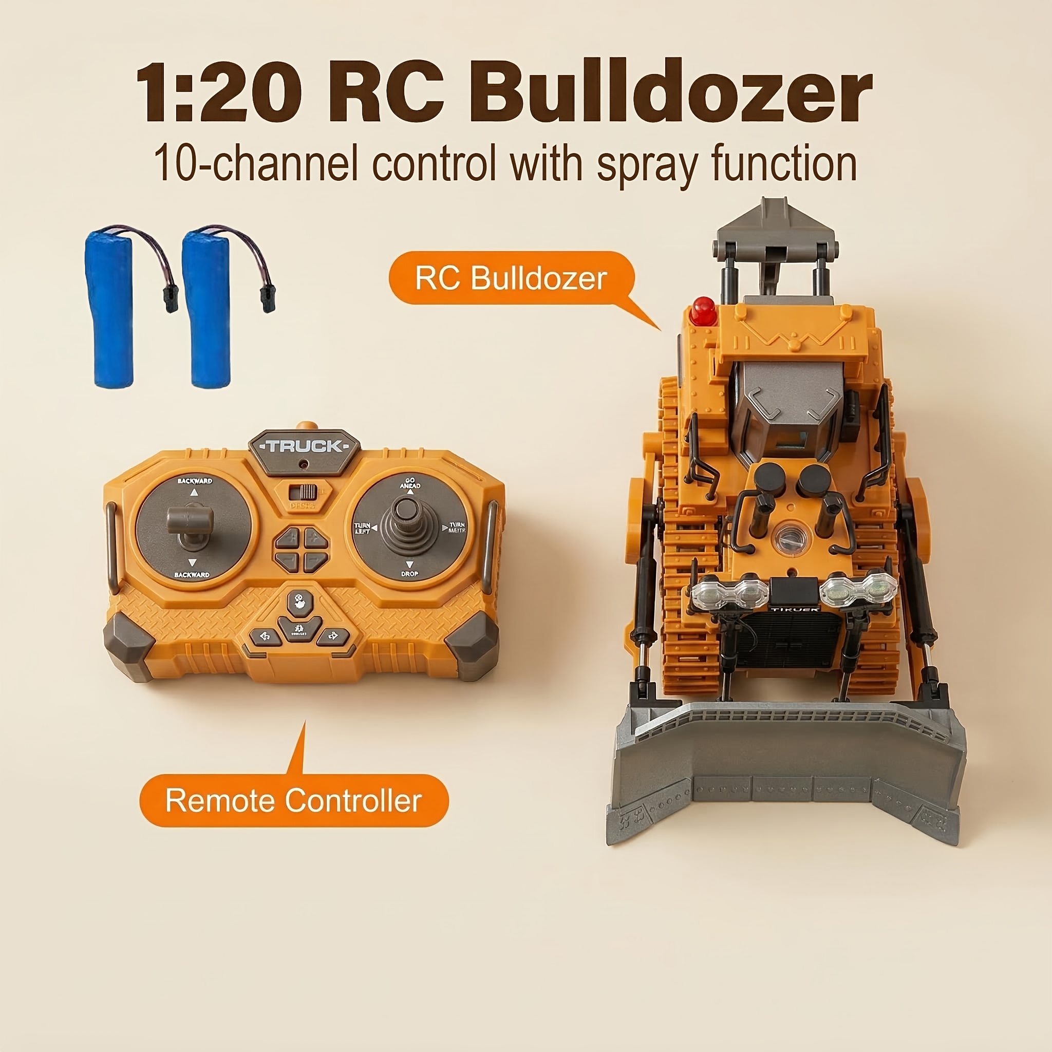 Image of 2 Batters 1:24 Alloy Bulldozer (9 Channels), Of , , Turning Left, Turning Right And Making Sounds, Is Suitable As A Christmas And Birthday Gift.