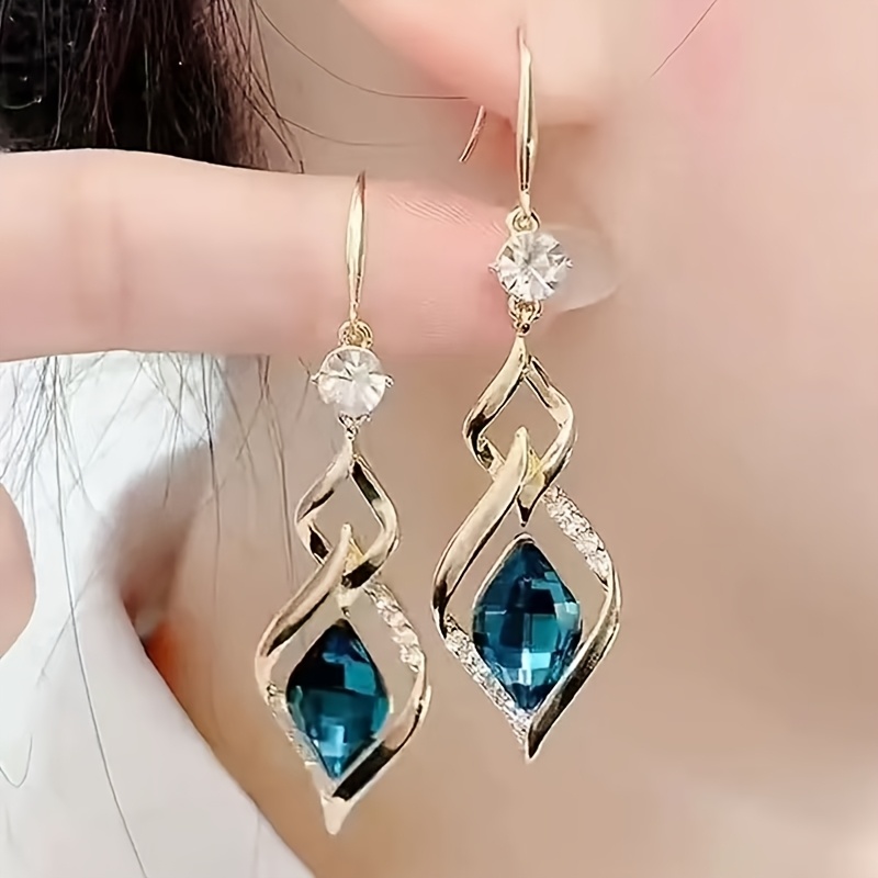 TEMU Pendientes largos de vidrio azul de diamante, joyería de oreja premium para y con de moda