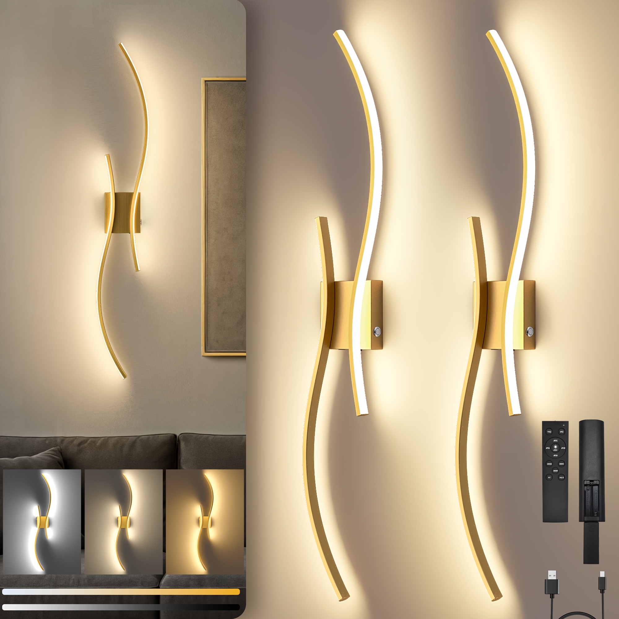 Gold Battery Operated Wall Sconce – 20" Dimmable Rechargeable LED Light With Remote & Touch Control, Wireless, No Wiring Needed, Includes Bulbs