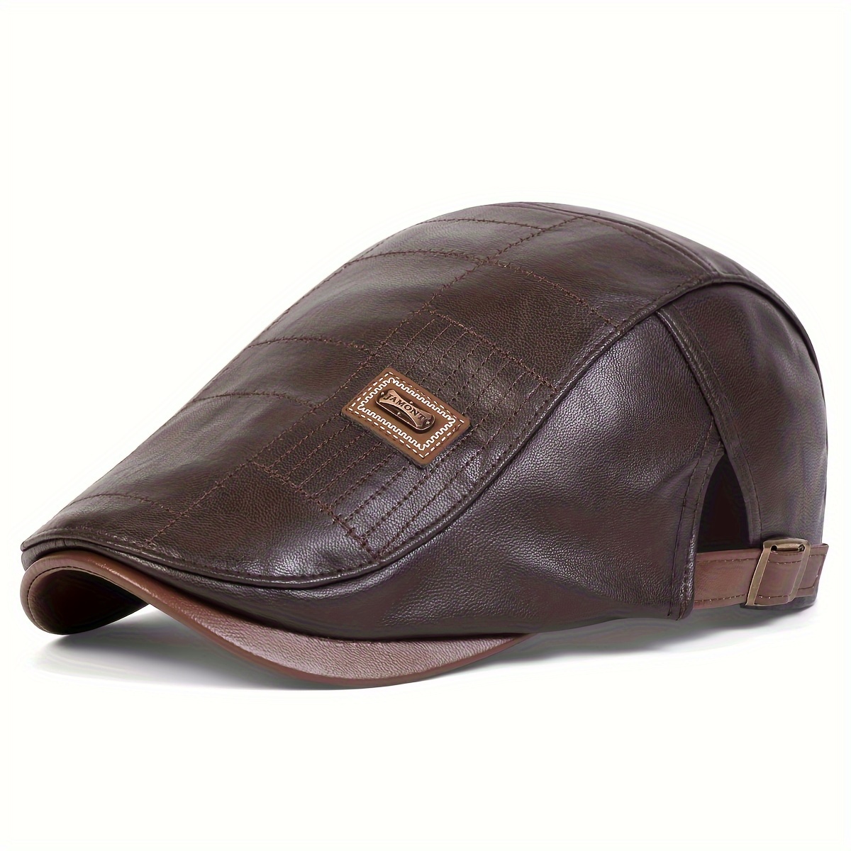 TEMU Retro Classic Pu Leather Gentlemen Forward Hat, Adjustable Casual Beret For Autumn And Winter Travel