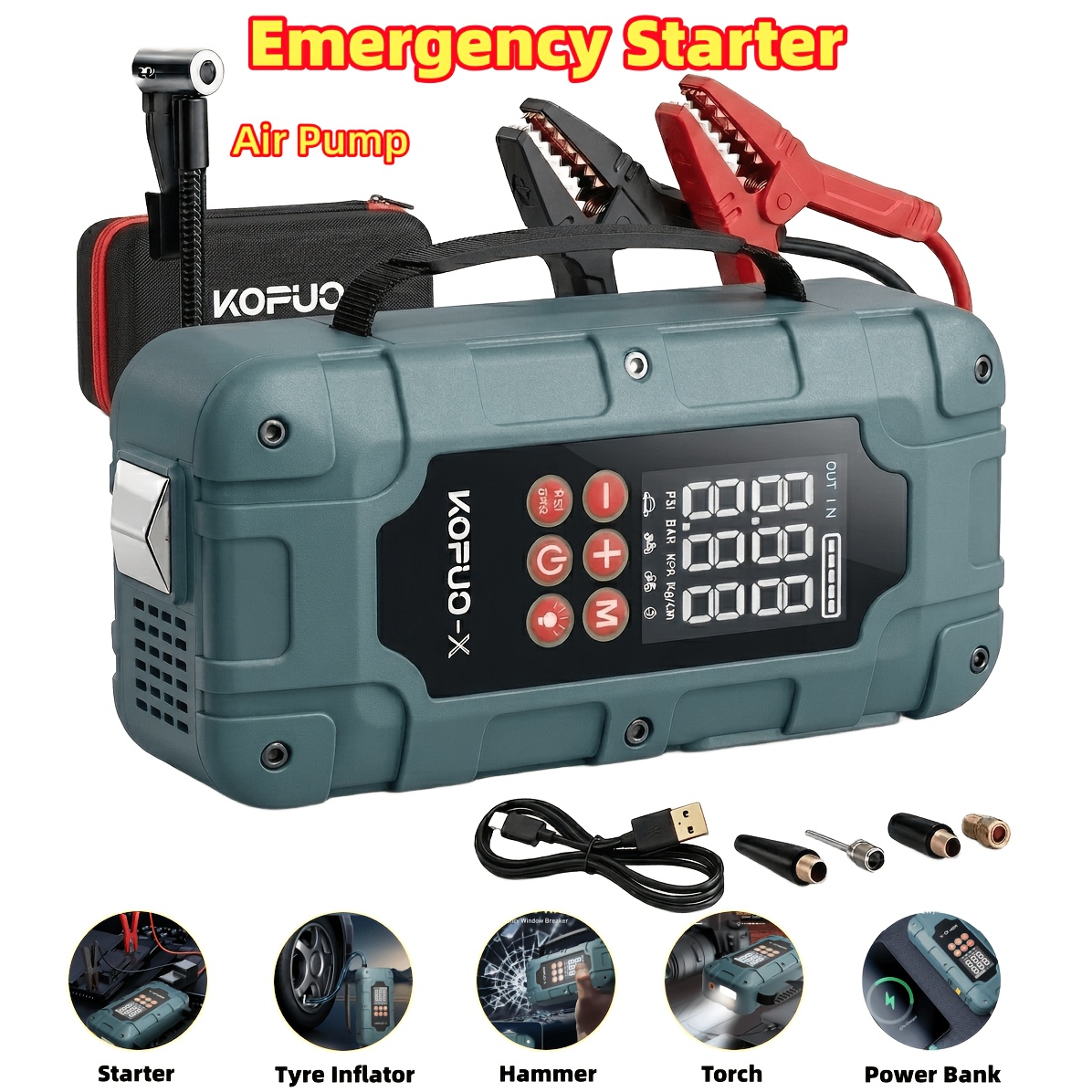 TEMU Kopuo 8000a/10000a 12v Car Jump Starter With Air Compressor, Heavy Duty Pack With 150psi Portable Tire Inflator, Battery Booster Power Bank With