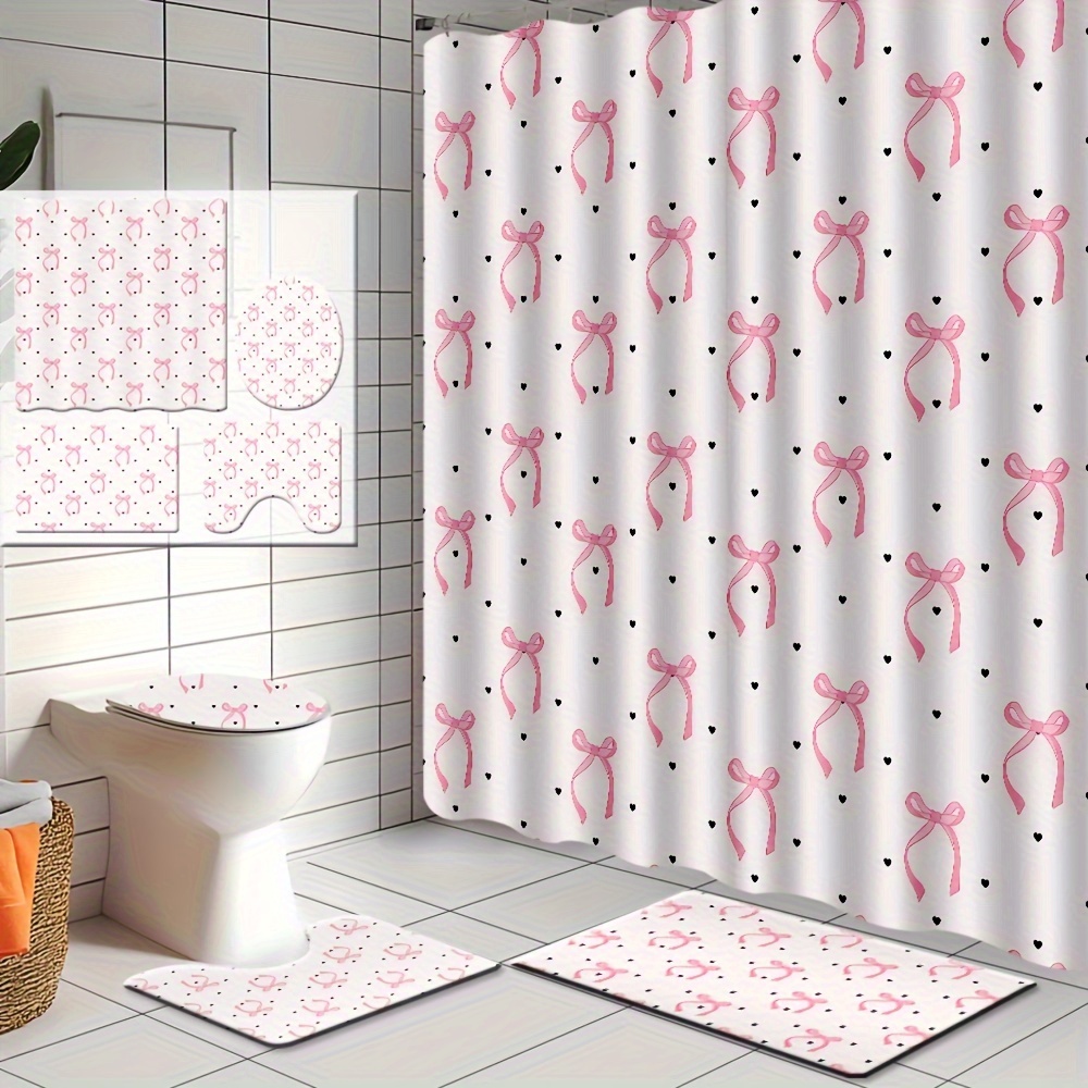 

Water-resistant Polyester Shower Curtain Set With And Black Hearts, Machine Washable Bathroom Decor With Non-slip U-shaped Toilet Mat, Toilet Lid Cover, And Bath Mat, Includes 12 Hooks