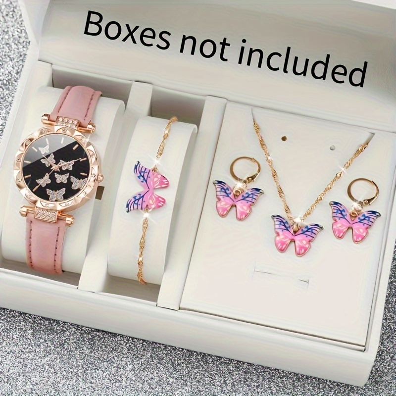 

5 Pcs Pink Round Quartz Watch Pu Leather Strap Alloy Pointer Alloy Case And Butterfly Shaped Bracelet Necklace Earrings Jewelry For Women