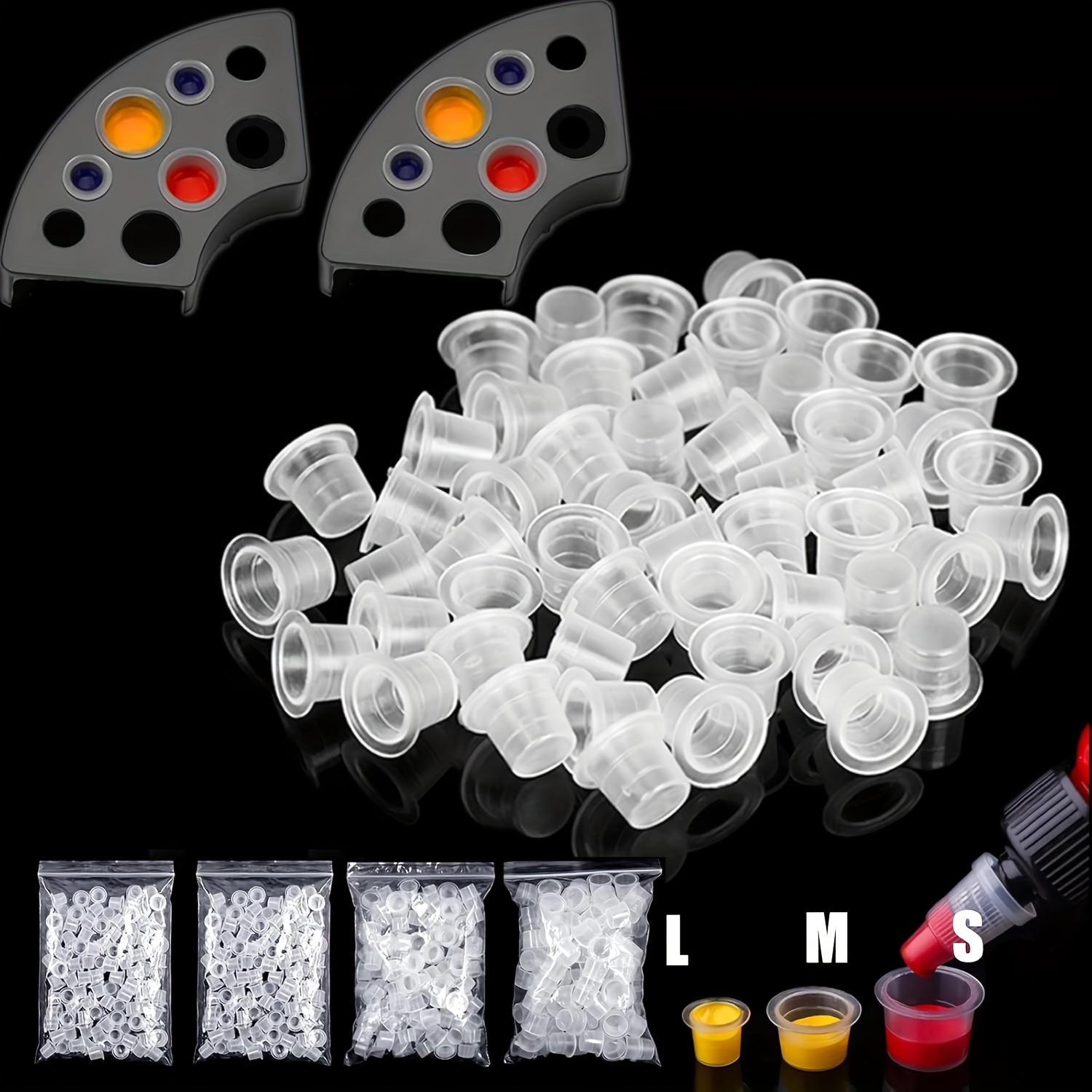 TEMU 400pcs Tattoo Ink Caps Cups With 2pcs Cups Holder - Caps Tattoo Caps Cups Mixed Size Small Mediun Large With Wide Cup Edge Tattoo Ink Set Tattoo