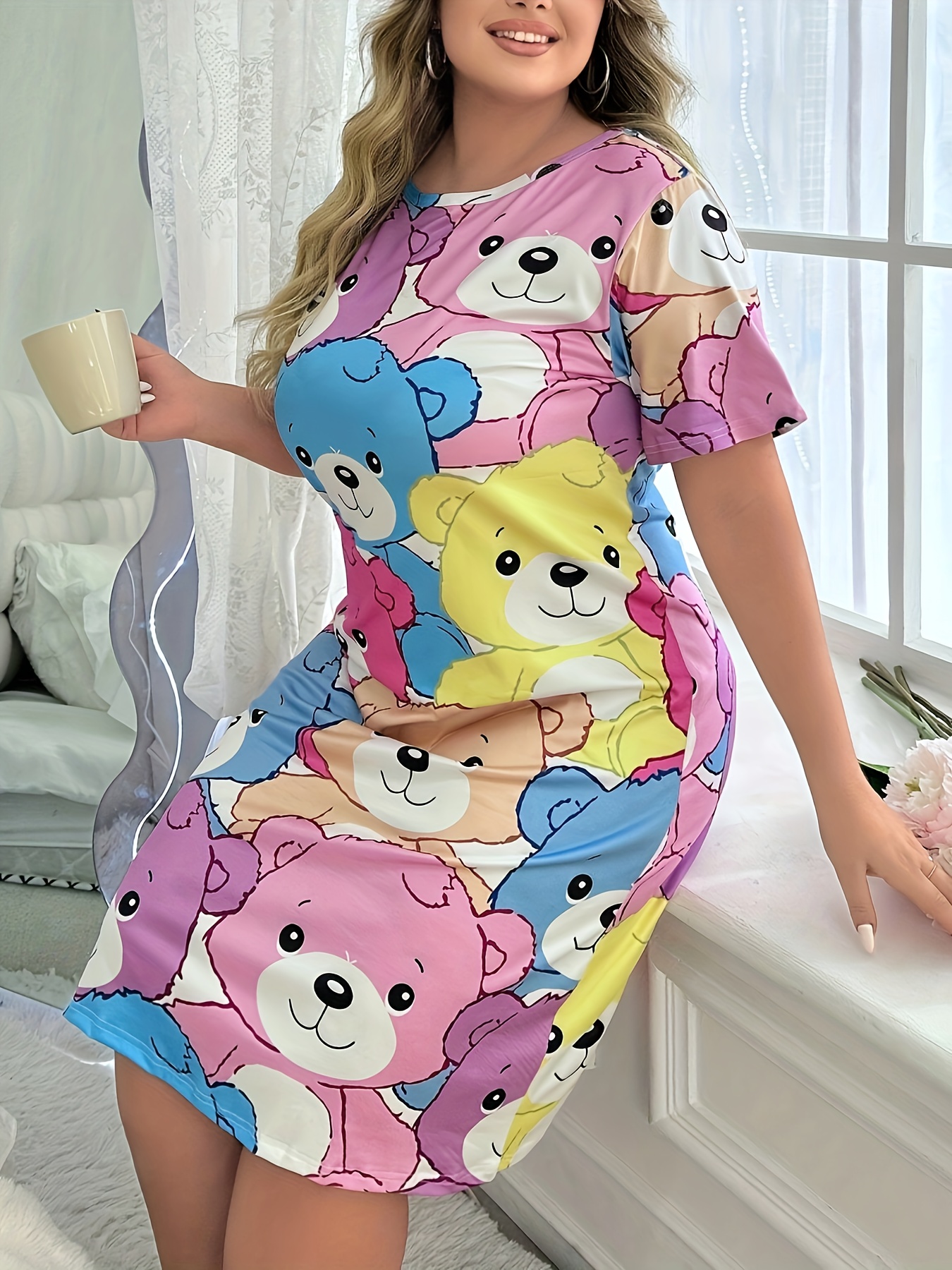 women s cute teddy bear print nightgown cozy polyester blend Temu