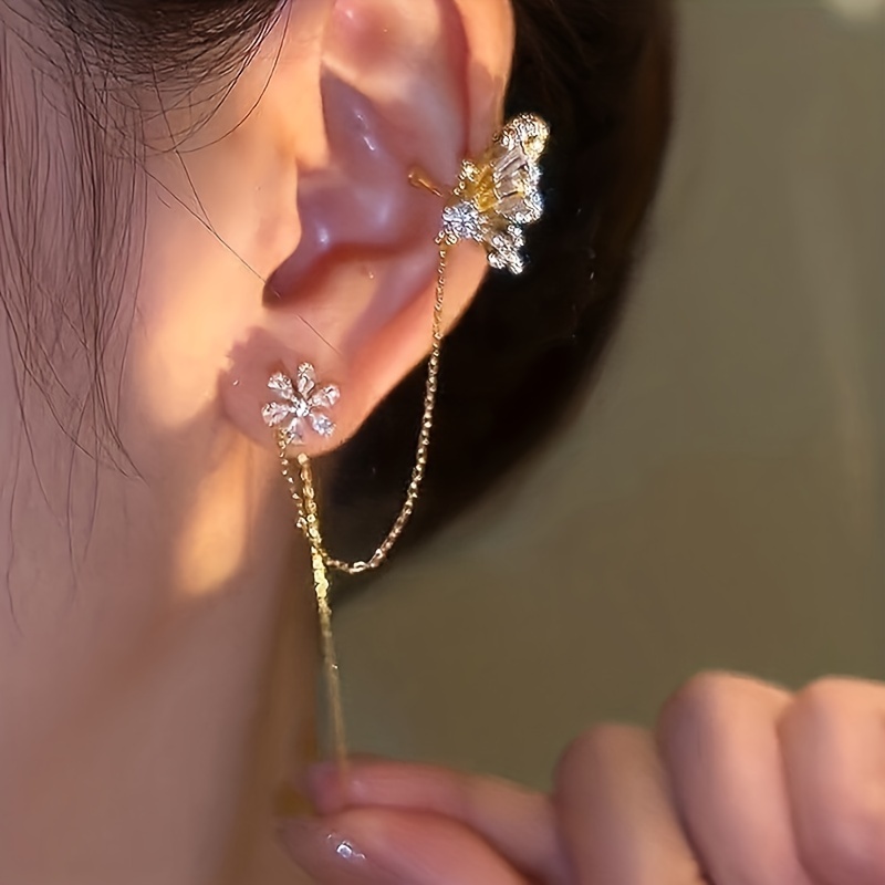 Butterfly Rhinestone Chain Earrings, Stylish Clip-On Design