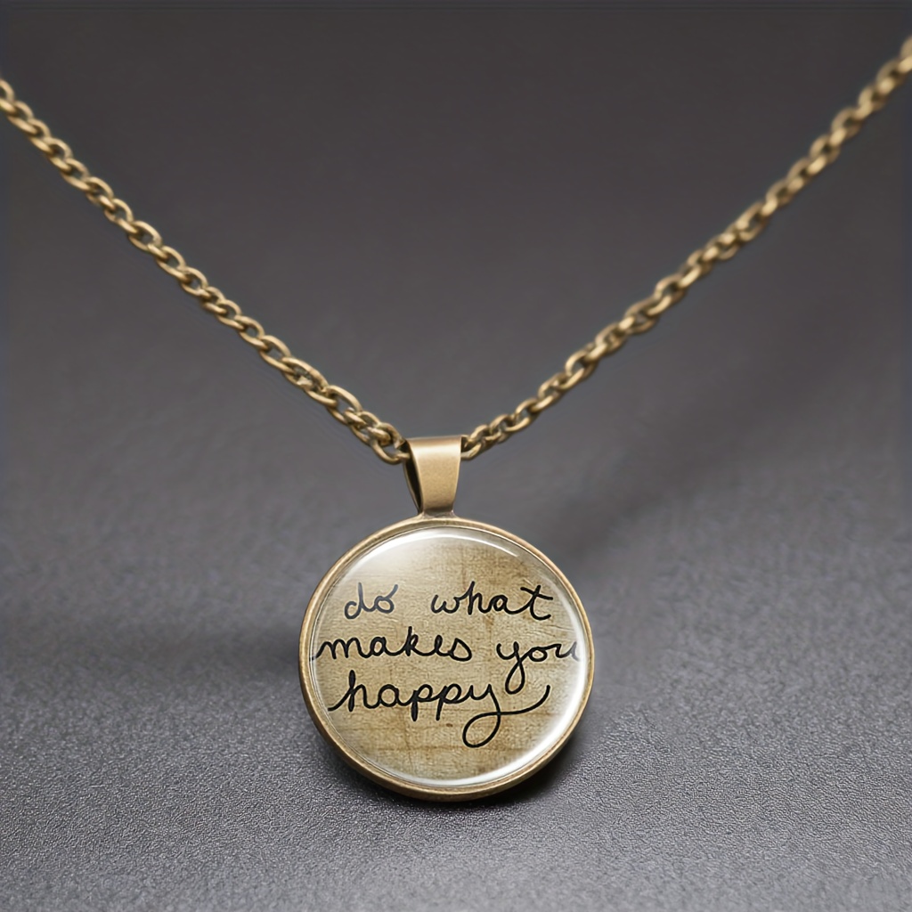 Blue Round Glass Inlaid Pendant Necklace, "Do What Makes You Happy"