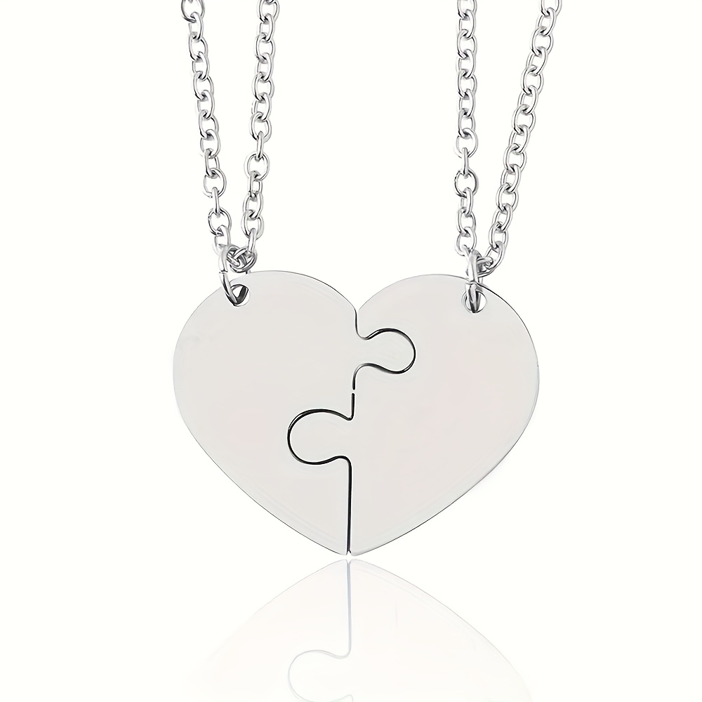 Image of 2pcs Custom Name Half Heart Necklace, Stainless Steel Material, Engravable For Family, , Couples, Set Of 2 Necklaces