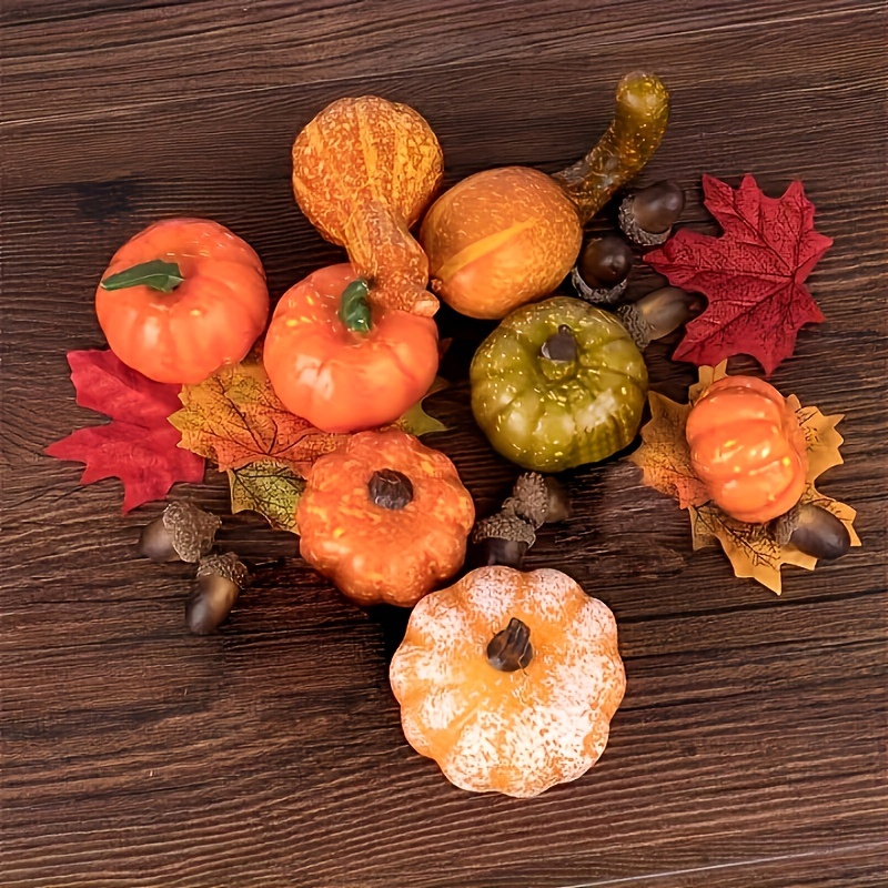 

50pcs Artificial Pumpkins Set, Halloween & Easter Party Faux Pumpkin Decor, Mixed Sizes With Maple Leaves And Acorns, Fall Autumn Festive Home Decoration