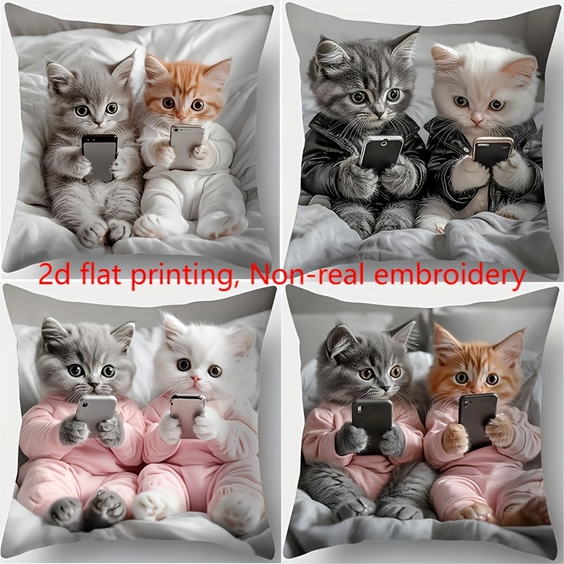 TEMU 4pcs, 2d Flat Printing, Non-real Embroidery,animal Theme, Printed With Cute Kitten Pattern, Beautiful And Practical, 17.72 * 17.72 Inches,
