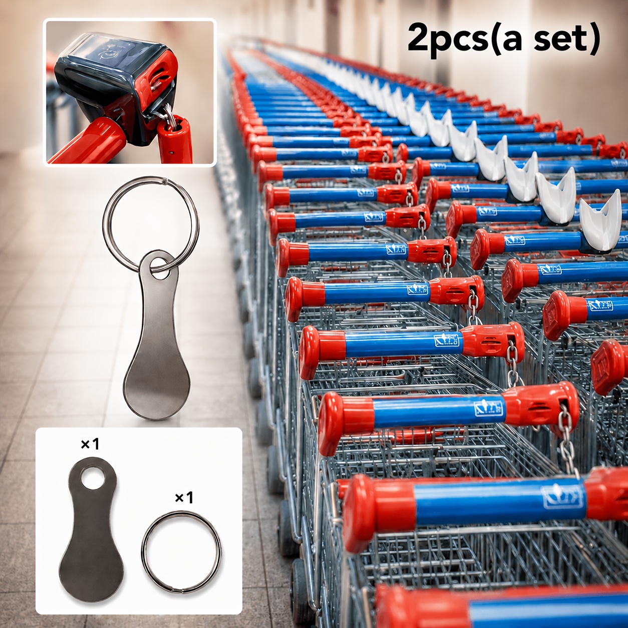 2pcs Shopping Cart Token Keychain, Stainless Steel Trolley Unlock Key Ring For Supermarket Cart Accessory