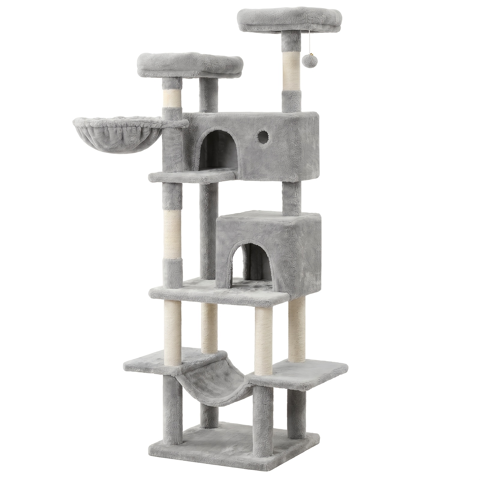 Cat Tree With Condos, Hammocks, Sisal Scratching Posts, And Dangling Plush Ball, Multi-level Cat Climbing Tower For Indoor Cats, Gray And Beige