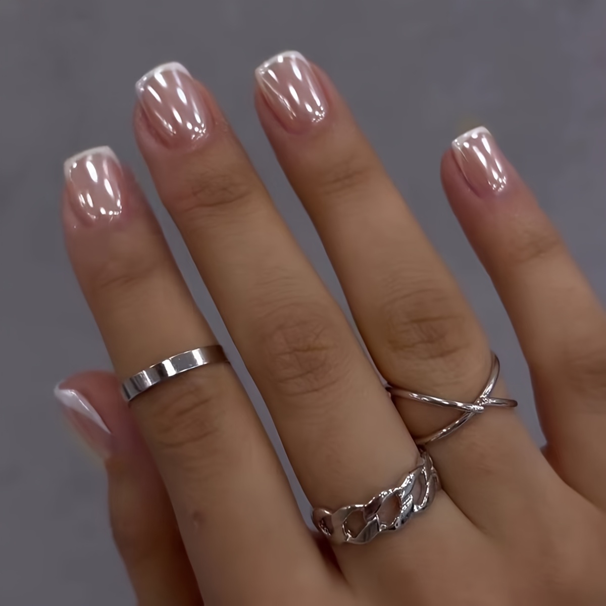 TEMU 24pcs Short Square Press-on Nails Full Cover Set, Minimalist Light Pink Pearlescent , Includes 1 Jelly Self-adhesive And 1pc Nail File, Perfect