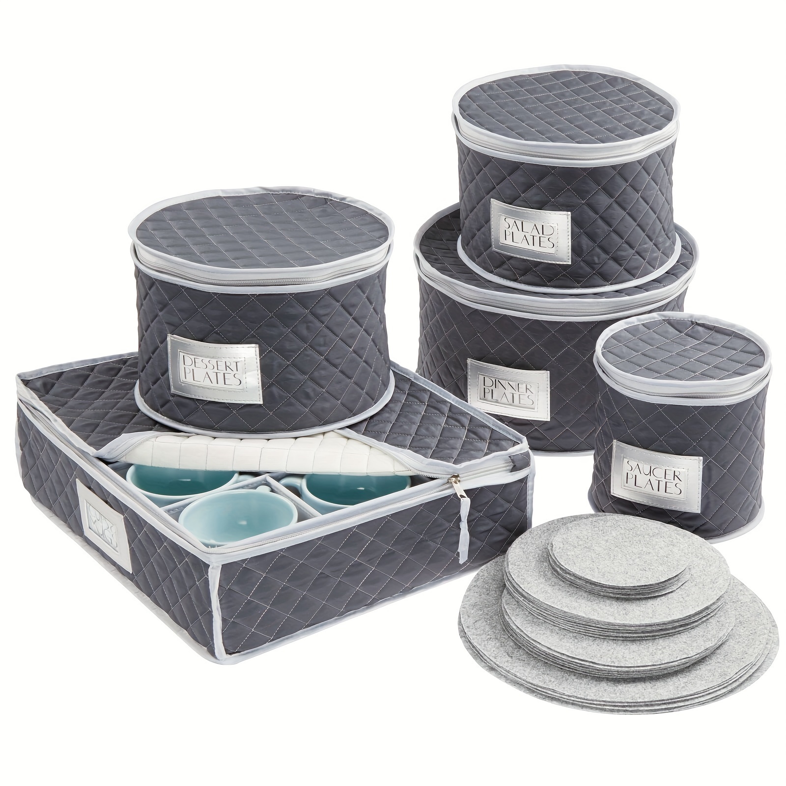 

5pcs/set Quilted Dinnerware Storage 5 Piece Set For Protecting And Transporting , Dishes, Plates, Cups - Holds Service For 12 - Felt Protectors Included With Round Bin