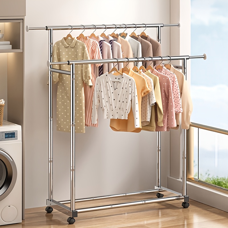 1pc Adjustable Clothes Rack With , Rolling Clothes Rack For Hanging Clothes, Portable Wardrobe Rack, Sturdy Stainless Steel Clothes Rack For Bedroom, Laundry Room, Living Room, Silvery