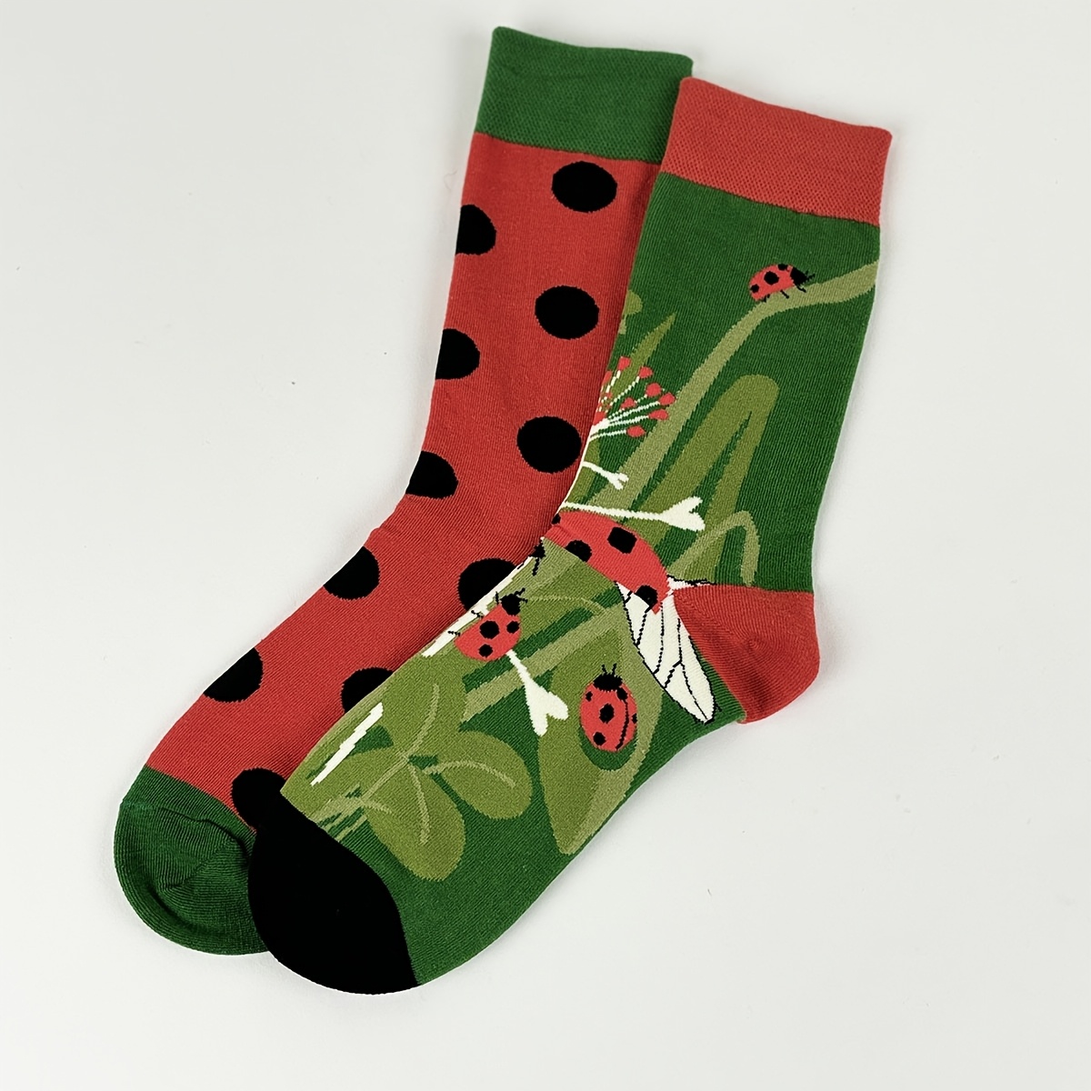 Image of 1 Pair Men's Cartoon Ladybug Print Mid-calf Socks - Ab Asymmetric Design, Vibrant Colors, Soft Breathable Fabric For Casual & Formal Wear, Outfit Accessory, Trendy Sock Design, Comfortable Sock Wear