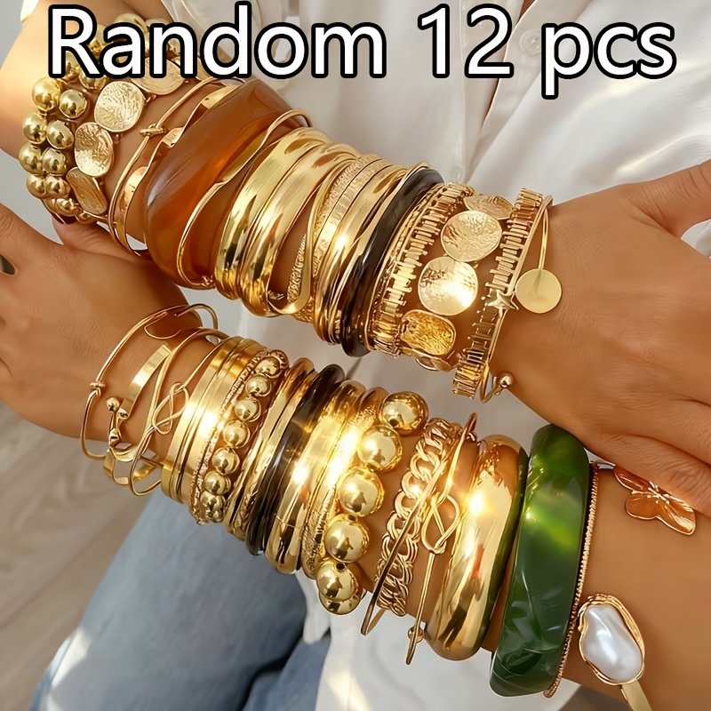 TEMU Random 12pcs Set Twist Bangle Set, Fashionable And Texture Metal Bracelet Set, Bohemian Style Adjustable Stackable Bracelets, Suitable For Daily