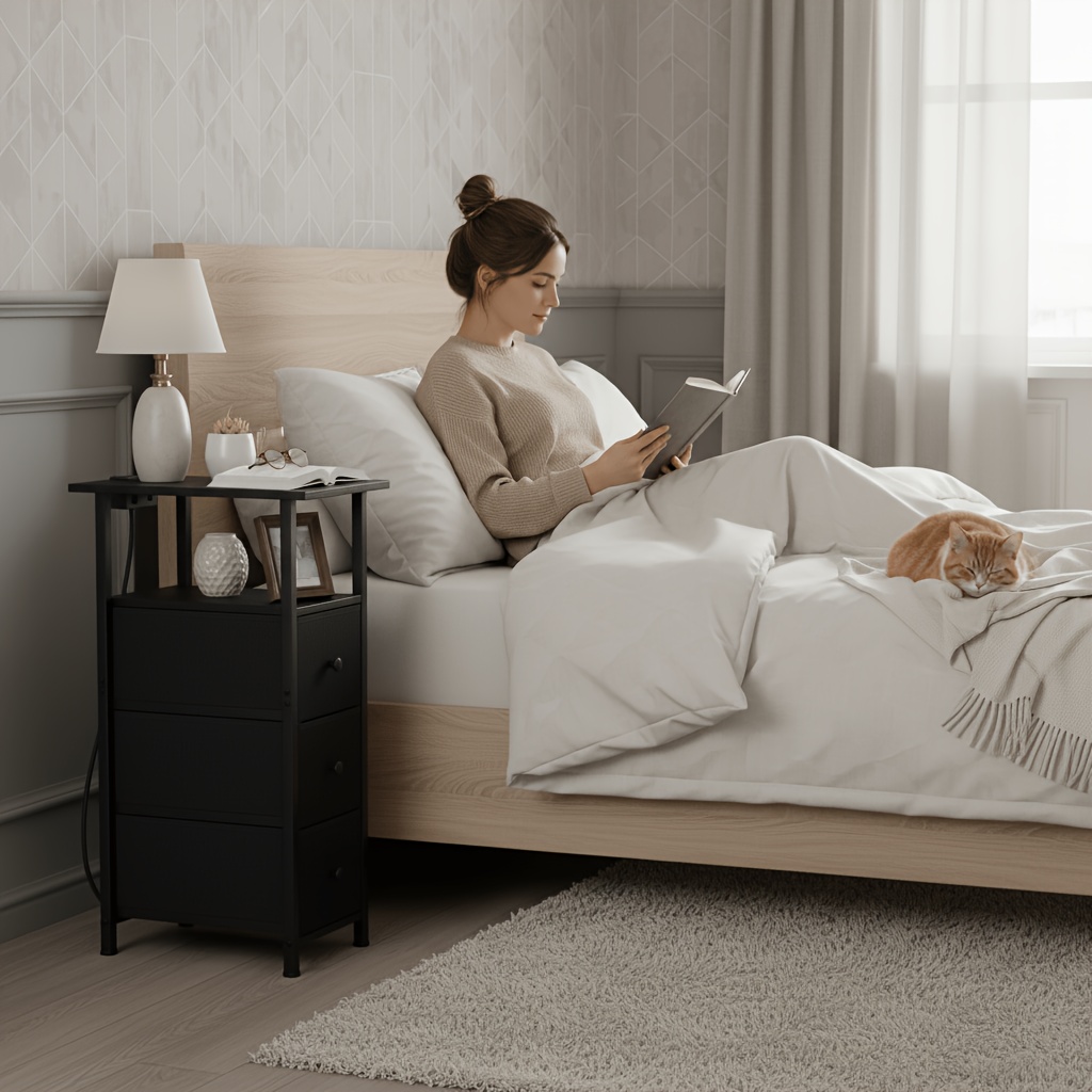 2-Pcs Bedside Table with Charging Station, Space-Saving Design