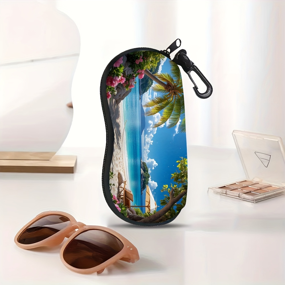 Image of 1pc Tropical Beach Scene Lightweight Zipper Eyeglass Case With Clip - Vibrant Palm Leaves & Design, Durable & For Your Eyewear, Glasses | Stylish Eyeglass Case | Lightweight Desig