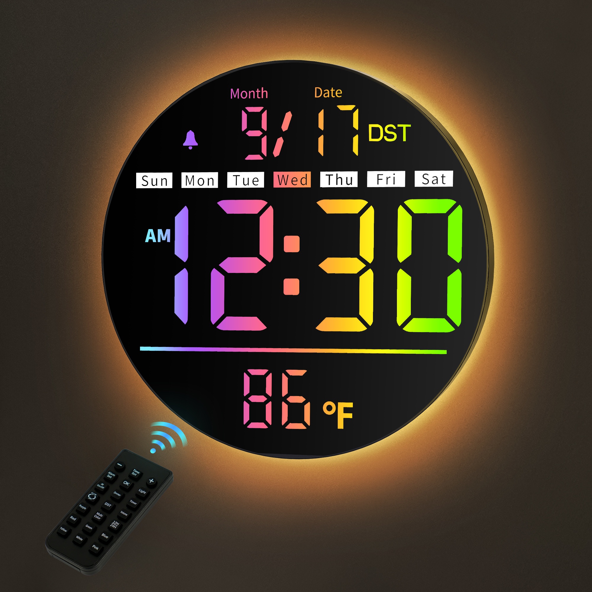 TEMU 8" Led Display Digital Wall Clock | Round Wall Clock With 11 Rgb Color Display, Remote Control, Brightness Adjustment, Dst, Timer, Temperature,
