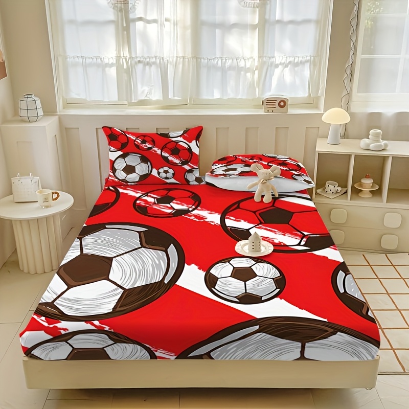 TEMU 3pcs Red Graffiti Football Pattern Fitted Sheet Set, Red And White Printed Fitted Sheet, Soft And Comfortable, Breathable And Skin-friendly,