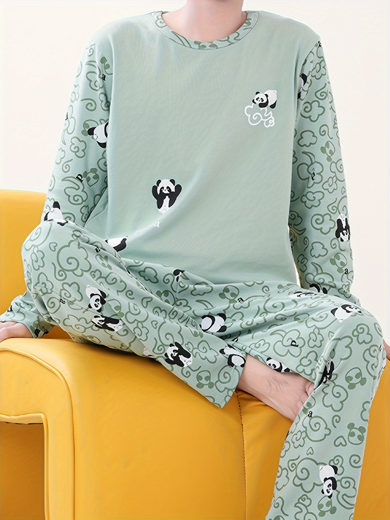 mens cozy pajama set for fall winter light green long sleeve crew neck top elastic waist pants with pockets casual animal print loungewear machine washable details 2