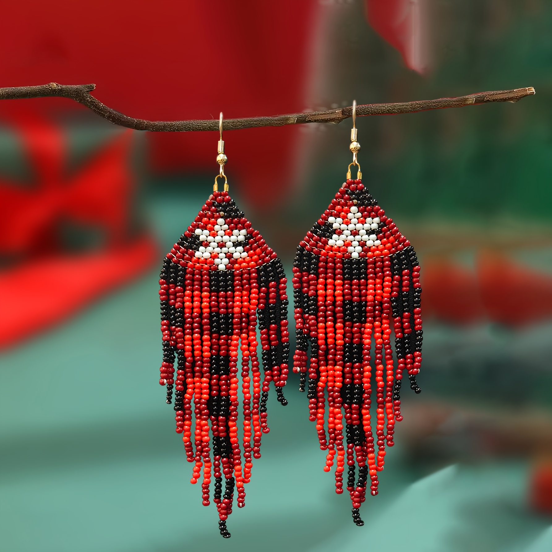 TEMU Handmade Seed Bead Fringe Dangle Earrings For Women, Red Black Snowflake Boho Tassel Drop Earrings, Christmas Holiday Party Statement Jewelry,