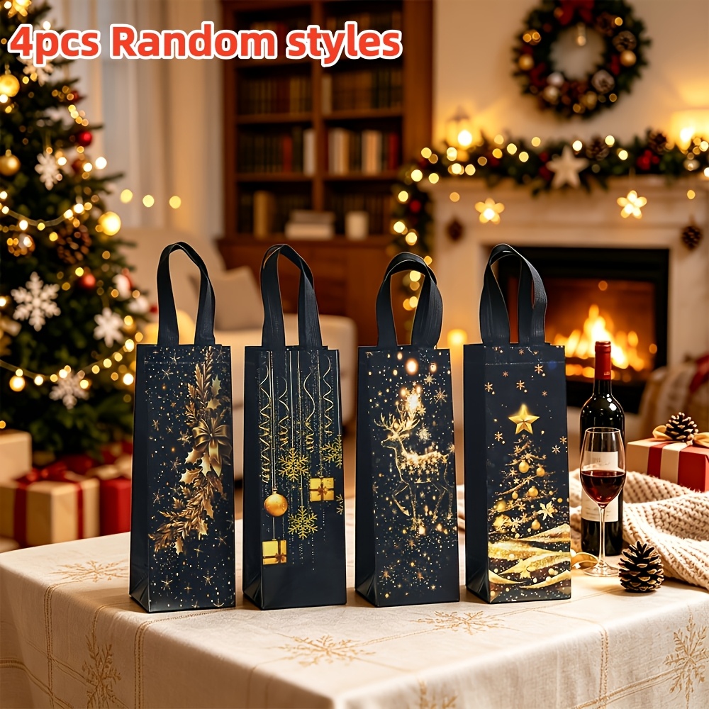 TEMU 4 Random Style Christmas Wine Bottle Gift Bags, Reusable Non-woven Wine Bags, Black And Golden Christmas Tree Reindeer Print Wine Bottle