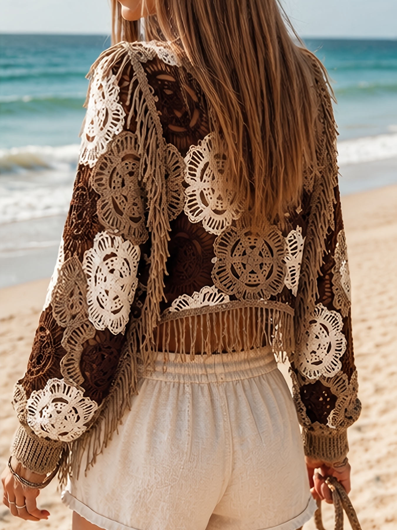 Bohemian Style Hollow Crochet Cardigan, Color-Block Round Neck Long Sleeve Ruffled Hem Pullover for Women, Summer Vacation Beach Music Festival Top, Spring Autumn Outerwear