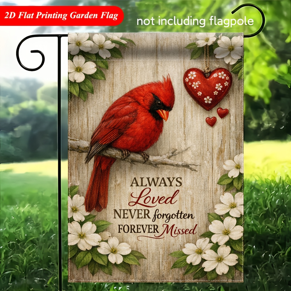 TEMU 2d Flat, 2d Garden Flag 1pc, Red Bird Standing Branch With 2 Red Heart Garden Flags - Double-sided Printed Outdoor Decoration, Suitable For Home