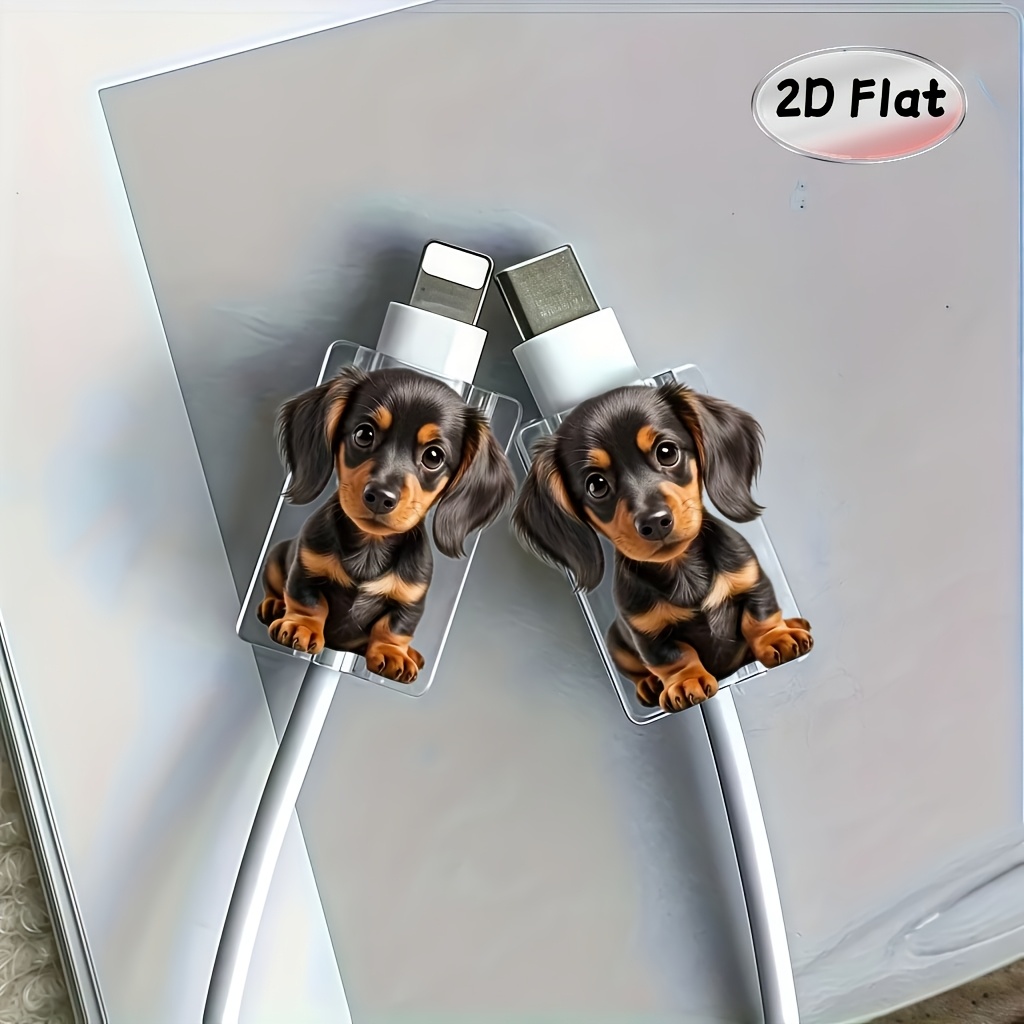 TEMU 2d Flat 2pcs Cute And Clever Dachshund Pattern Protective Case, Damage-resistant, Type-c Phone Data Cable Protector, Beautiful And Durable,