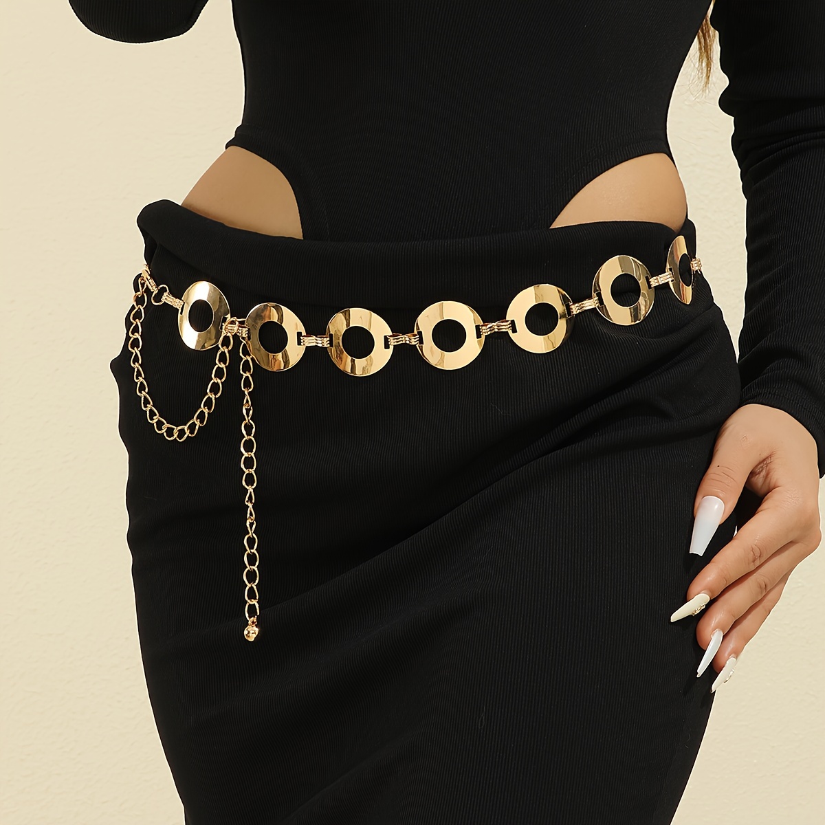 Image of 1pc Women's Metal Golden Round Mirror Hollow Western Style Adjustable Fashion Belt Suitable For Summer Daily Party Shooting Gift For
