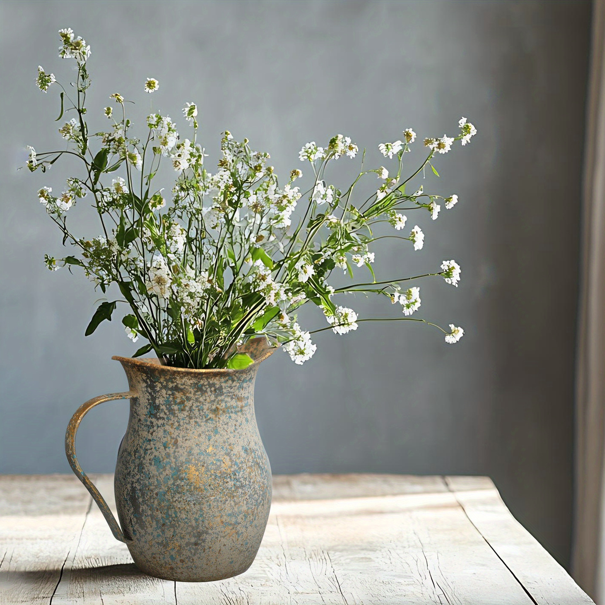 Happyyami White Rustic Metal Vase With Handle Shabby Chic Galvanized...