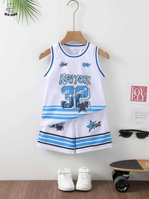 item picture boys sportswear set 32 letter sleeveless tank top matching shorts quick dry fabric cool and breathable suitable for kids basketball outfits outdoor christmas halloween