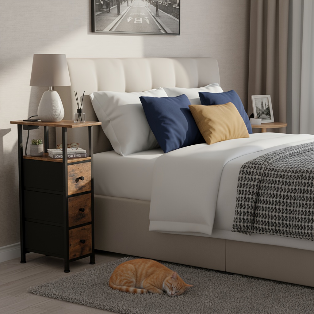 2-Pcs Bedside Table with Charging Station, Space-Saving Design
