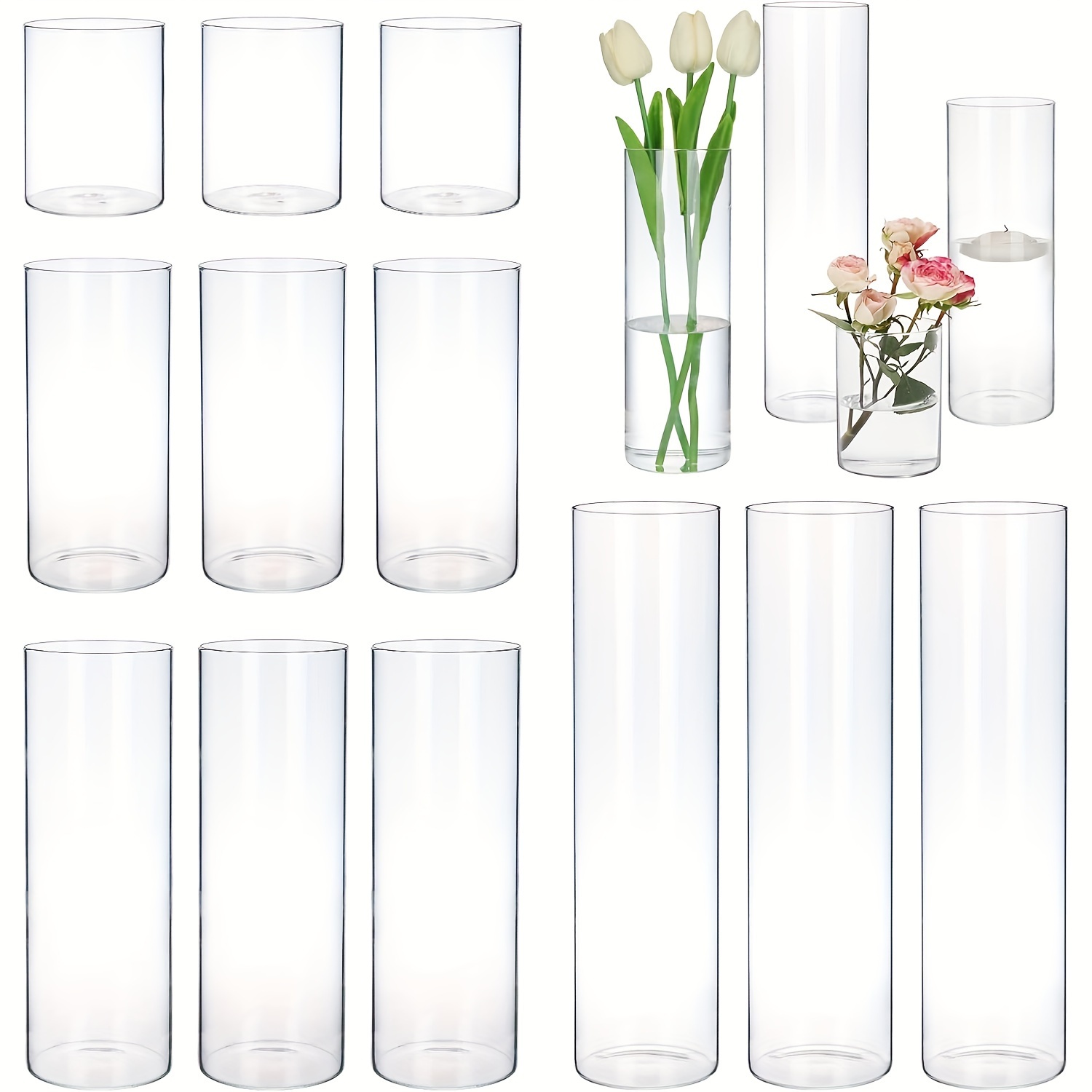 TEMU Tomnk 12/24pcs Glass Cylinder Vase 4, 6.8, 9, 12 Inch Glass Candle Holder Clear Vases For Centerpieces Tall Flower Vase For Wedding Home Decor