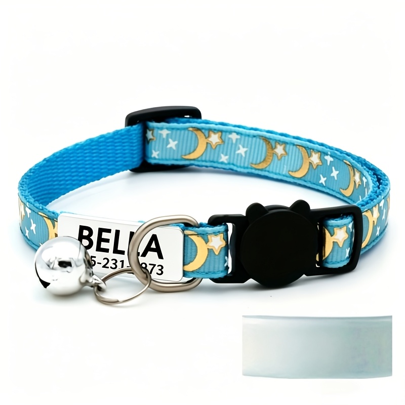 Personalized Cat Collar with Stars and Moon Design and Custom Name Tag