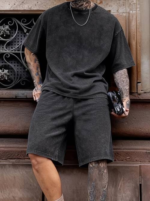 gewaschene herrenbekleidung 2-teiliges set, 100% , wasser-gewaschen, und maschinenwaschbar, herrenanzug t-shirt kurzarm shorts