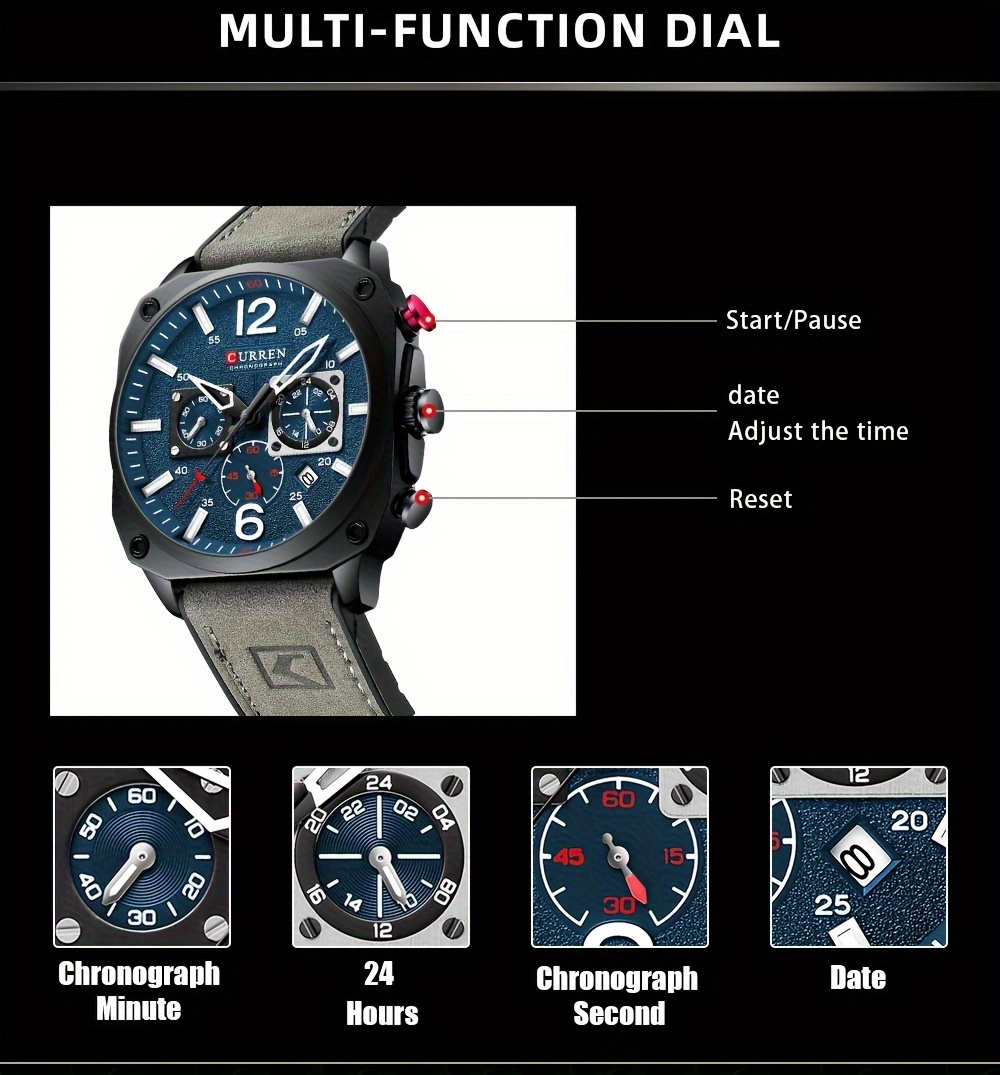 mens fashionable sports watch multifunctional chronograph quartz luminous hands date display   alloy case square dial electronic movement silicone strap   details 4