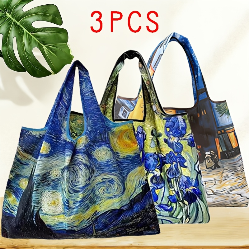 TEMU 3 Pack Large Tote Bags For Women, Durable Polyester Reusable Shopping & Travel Bags, Machine Washable, Assorted Colors
