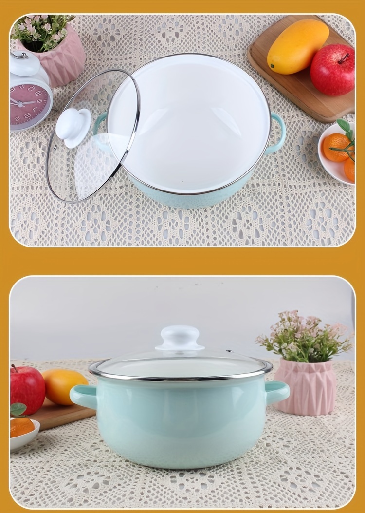   enamel   with lid double handle thickened design 22 24cm mint green soup pot details 10