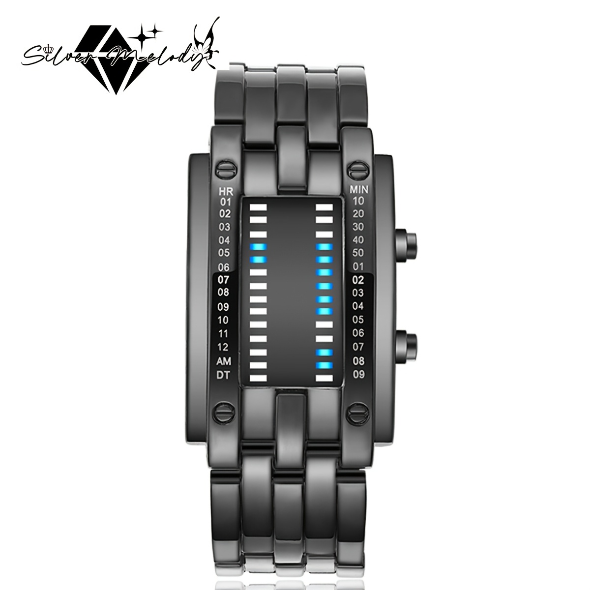 

Silvermelody Stylish Men's Digital Led Matrix Waterproof Outdoor Casual Black Bracelet Square Blue Backlight Watch