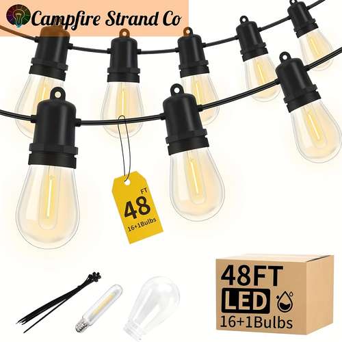 YI LIGHTING 48FT Solar LED String Lights – 15 Warm White Bulbs, Antique Style, Dusk-to-Dawn Sensor For Outdoor Patio Garden