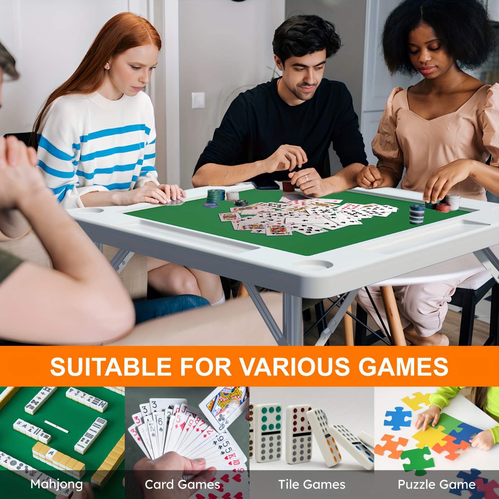 EVOKEDEN Foldable Felt Mahjong Table with Green Felt Top - White Plastic Card Table for Mahjong, Poker & Board Games, Portable Compact Design, No Assembly Required, Portable Game Table, Elegant Furniture, Durable Plastic