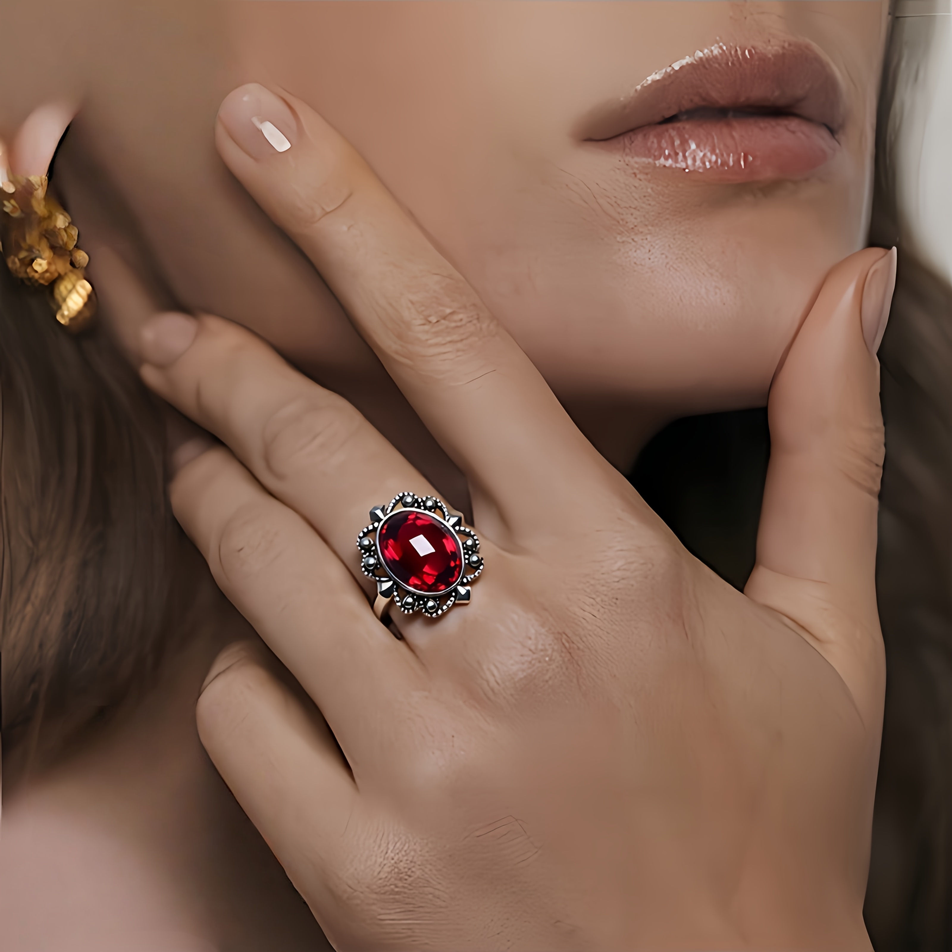 Women's Bohemian Red Zirconia Geometric Design Ring, Retro Style
