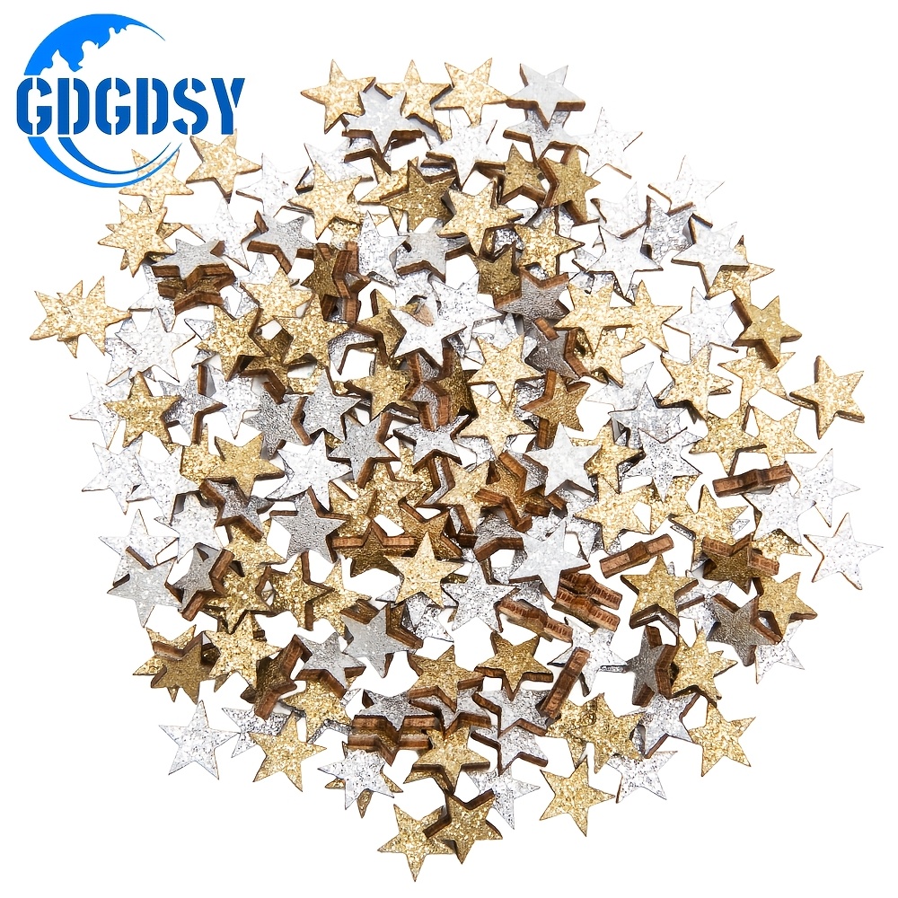 Image of Set Of 200 Wooden Star Ornaments Featuring Double-sided Golden And Silver Designs, Ideal For Festive For Decor, Requires No Power, Feathers, And Versatile For Different Events