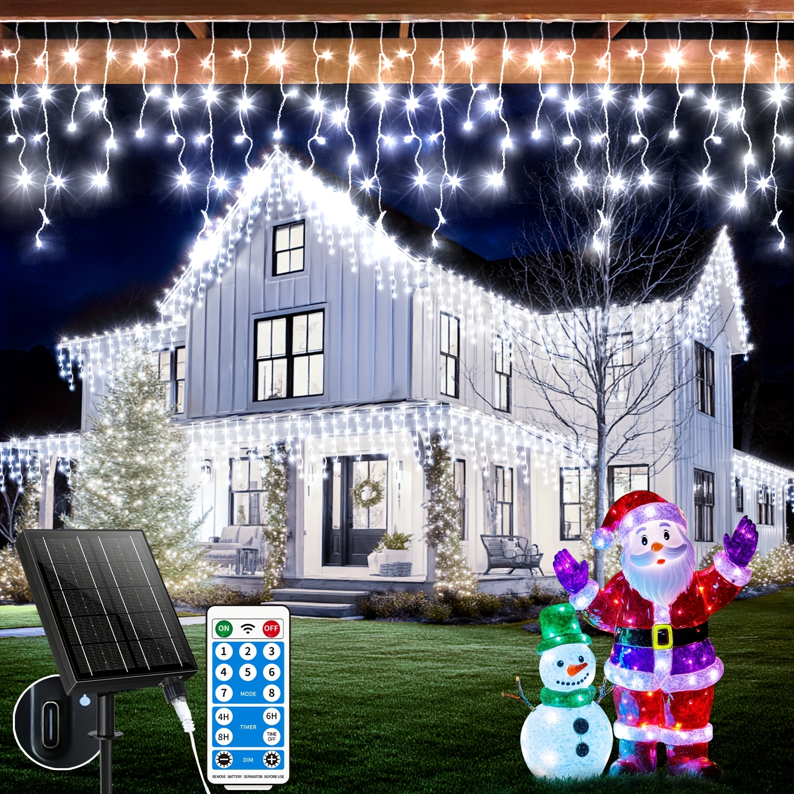 TEMU Outdoor Icicle Lights Christmas Lights House Weir Lights 18+5 Meters 75.9 Feet 660 Light Large Capacity Solar Powered 8 Mode Timer Remote Control Flash Suitable For Christmas Party Decoration
