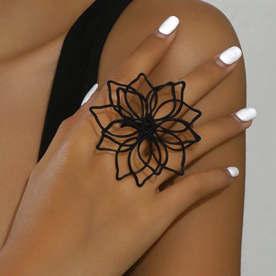 TEMU Anillo Ajustable De Estilo Flor Grande Y Huecos Minimalistas, Ideal Para Decorar Tus Dedos