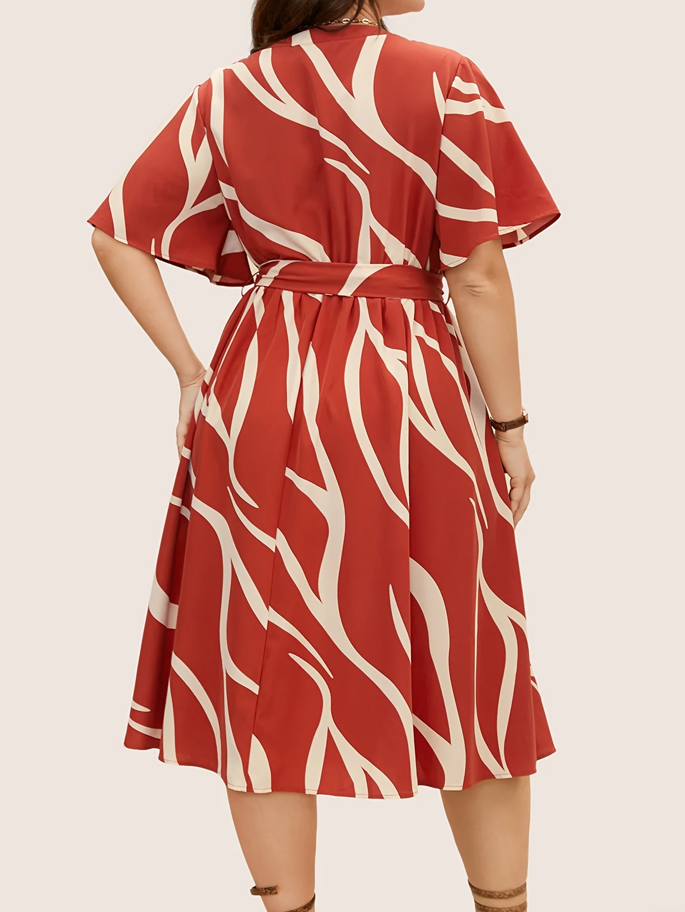 knee length dresses for ladies Zone Planet | Plus Size Ruffled Notched Long Sleeve Midi Dress main image 0