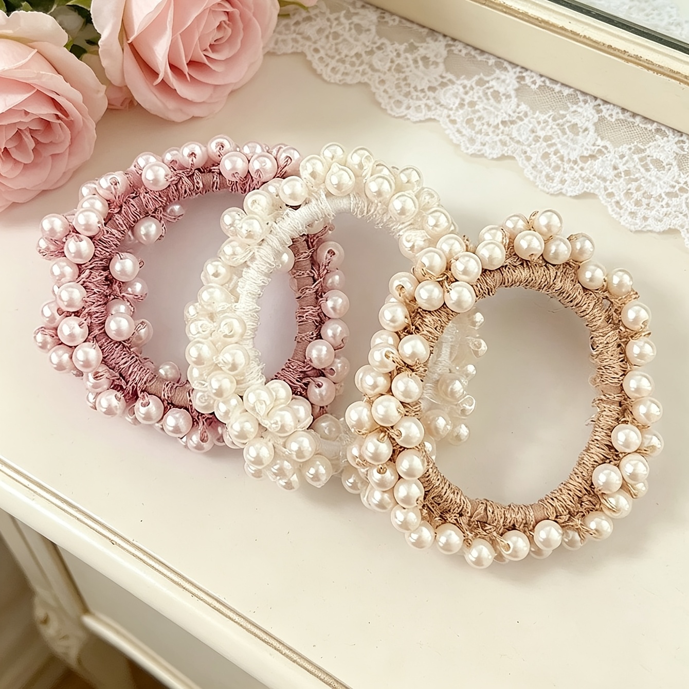 3pcs Set Of Colorful Full-string Beaded Hair Accessories For Women, Fashionable Beaded Hair Ties, Sweet And For Ponytails